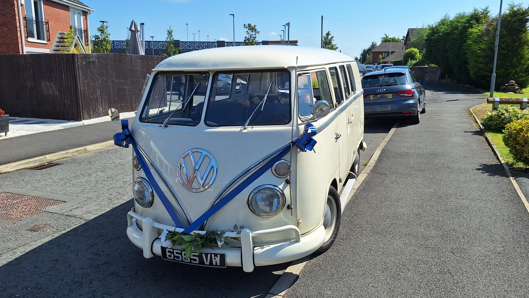 Classic VW campervan decorated with Royal Blue ribbons and bows