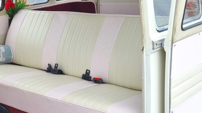 Classic VW Campervan rear facing bench seat with seat belts attachment. Pale Pink and Cream Colour seats