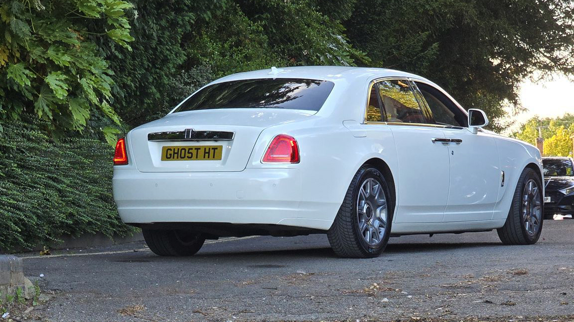 Rear view of White Rolls-Royce Ghost