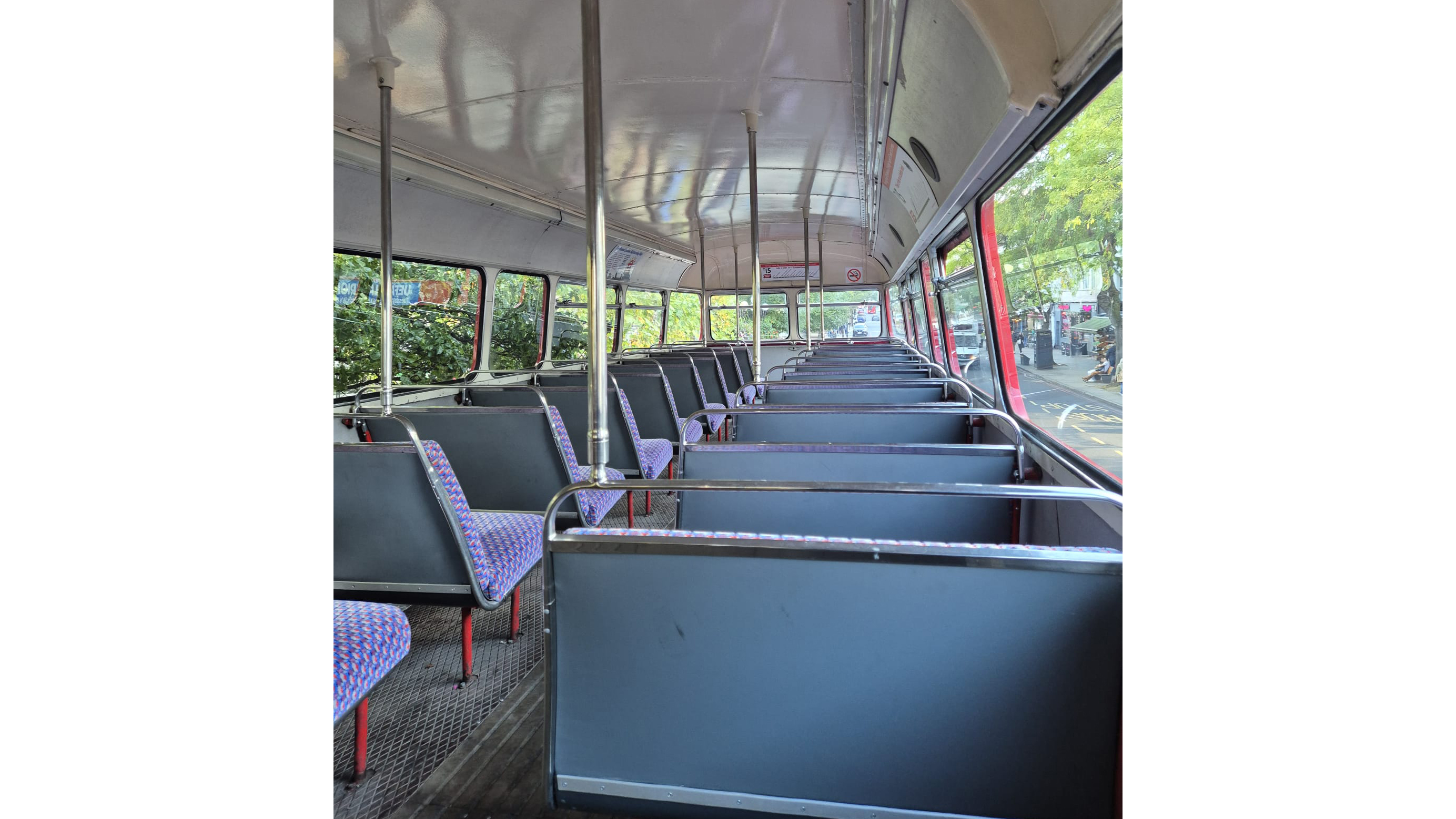 Interior Upper Deck Routemaster Bus with Blue cloth seats