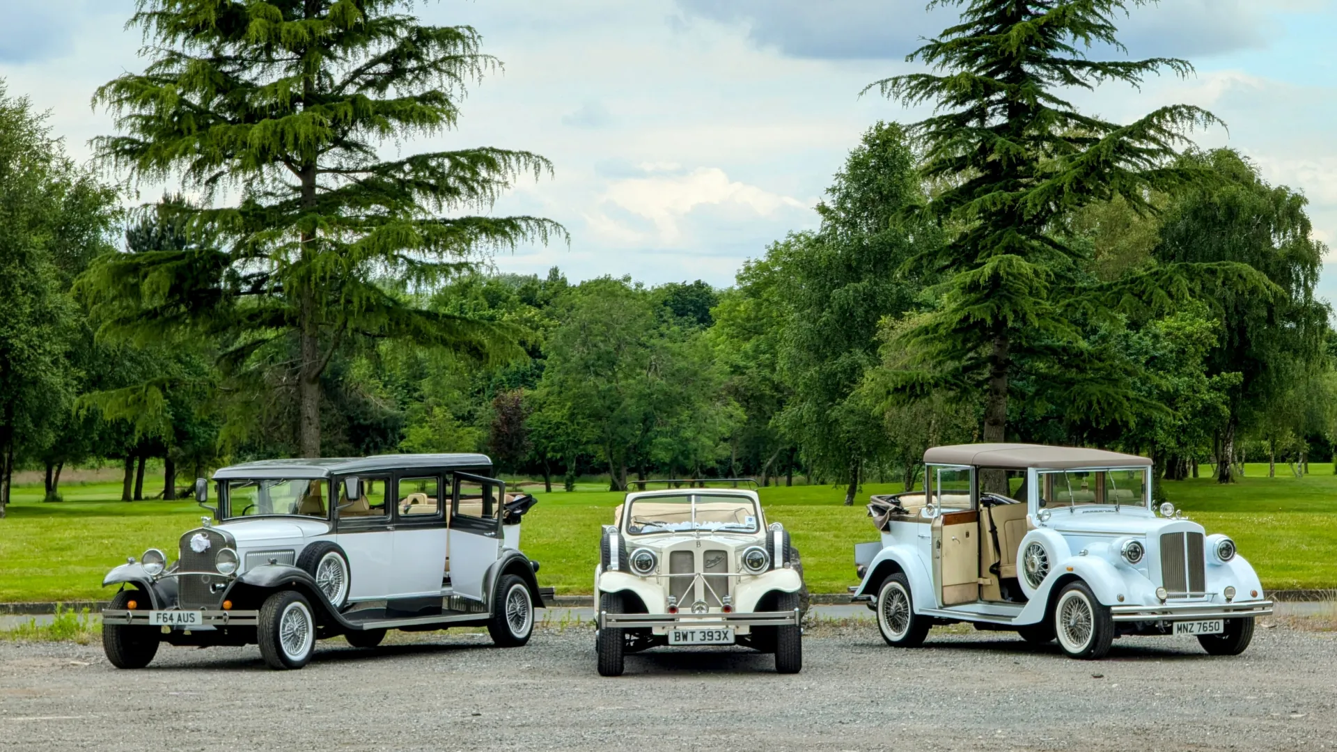 Three 1930s vintage Style Wedding Car. Left is a 7-seater Bramwith, Middle car is a convertible Beauford and the car on the right is a 6-seater Regent convertible.