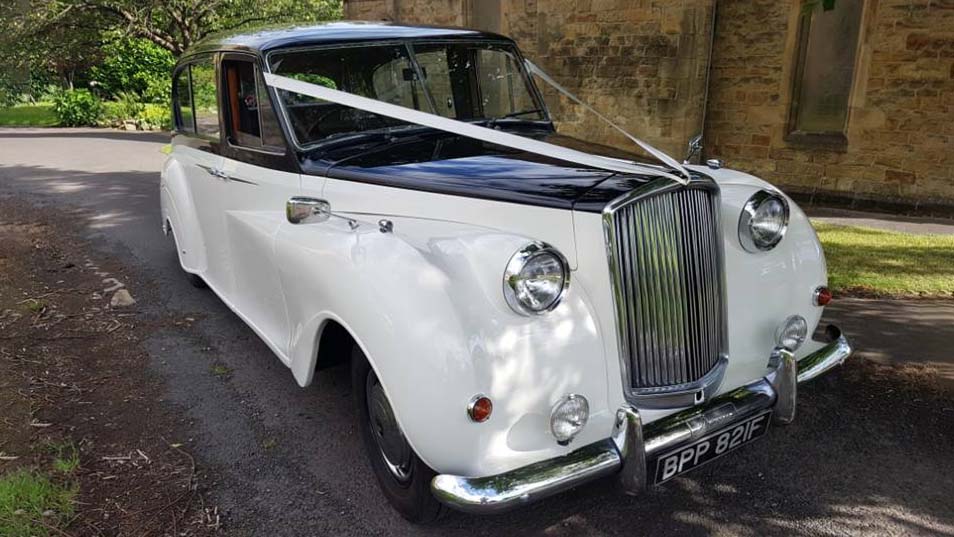 Front view of Austin Princess Limousine in Ivory with Black Bonnet and decorated with Ivory ribbons. Large Chrome grill at the front and chrome bumper