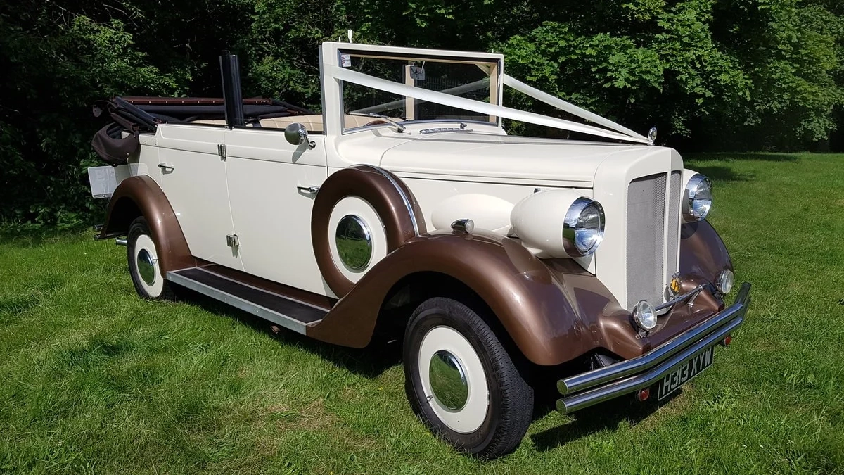 Fully convertible Vintage Regent in Bronze and Ivory decorated with White ribbons in a green field with trees in the background