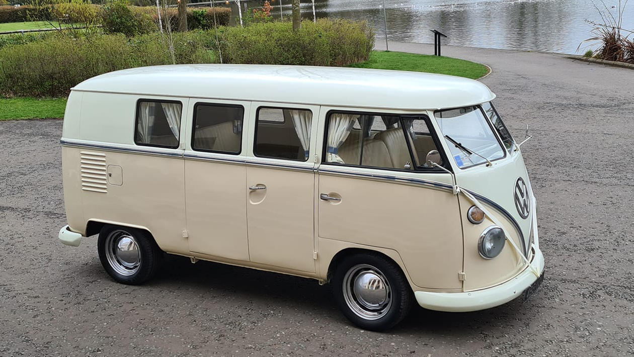 Right view of Classic VW Campervan with Ivory on the side and White roof