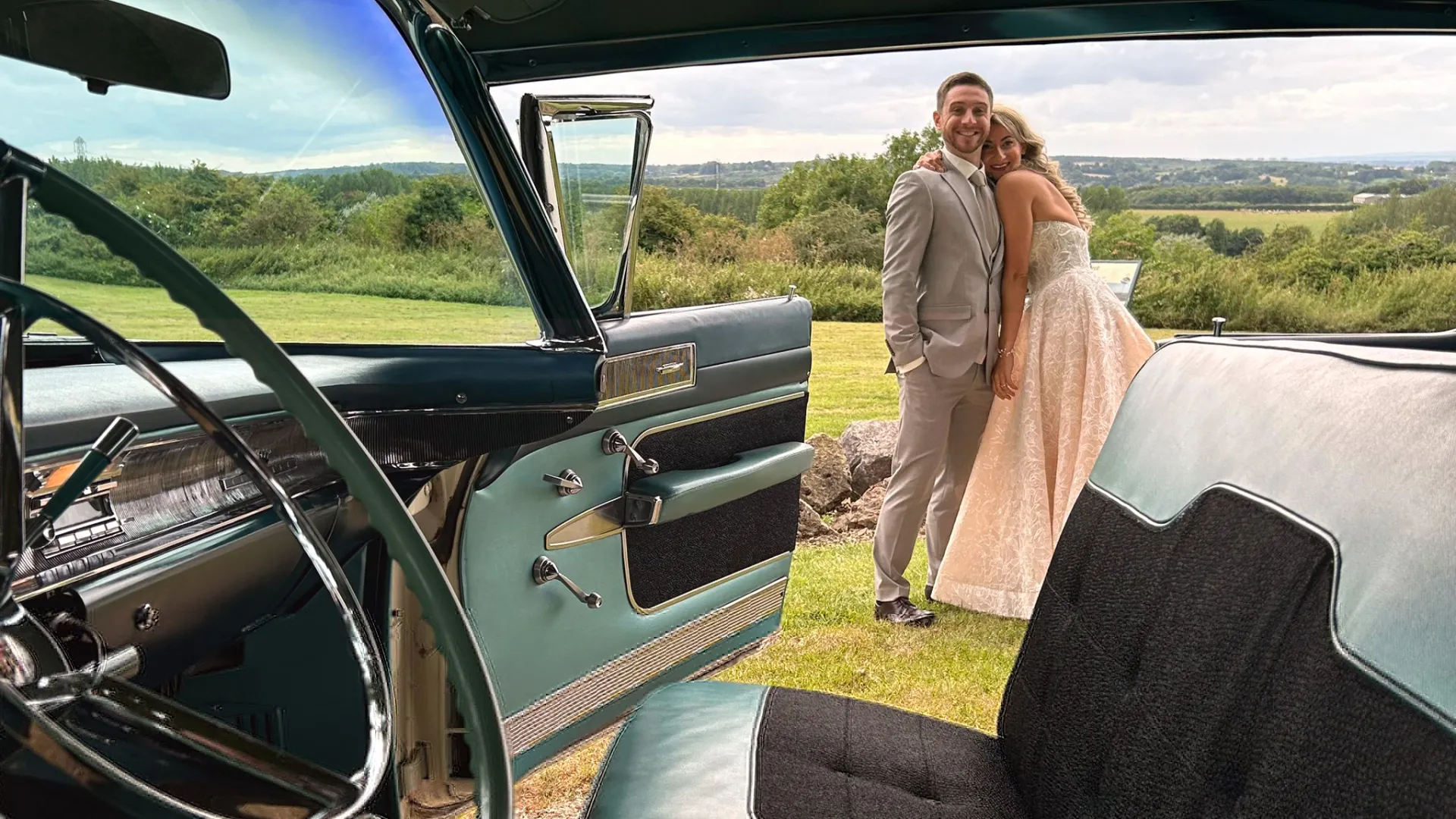 Bride and Groom with Classic American Cadillac