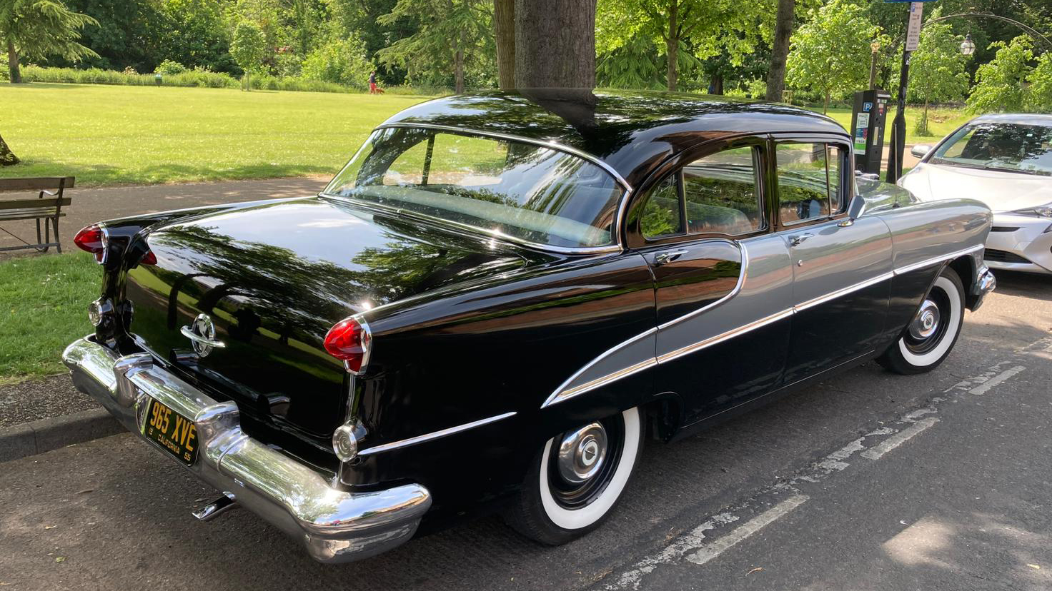 Rear view classic american Rocket 88 in Black and Silver