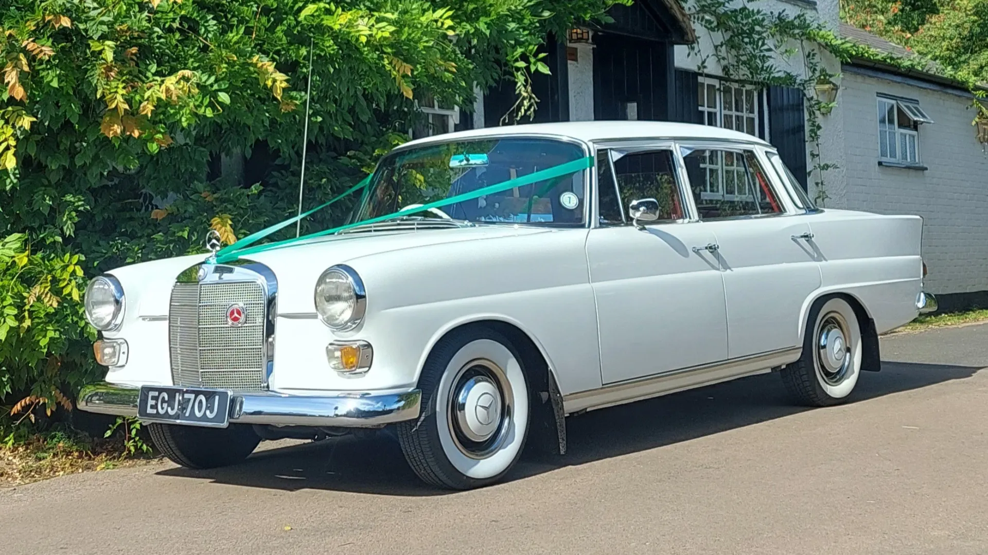 Left front side view of White Classic Mercedes decorated with Aqua green ribbons, large white wall tires, chrome front bumber and wheel caps.