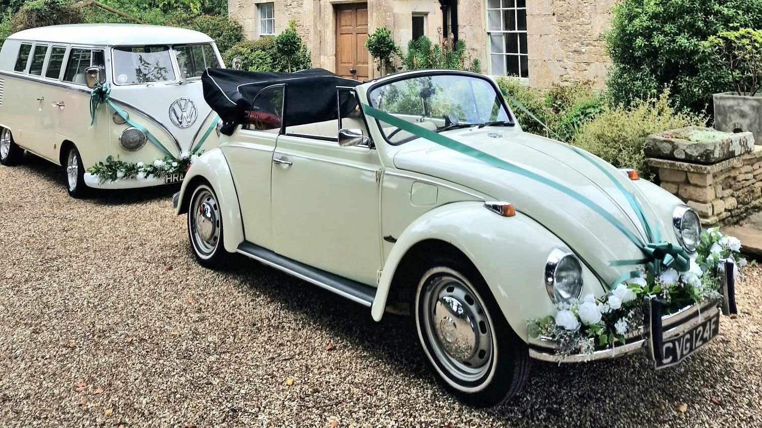 Classic VW Beetle with convertible roof open followed by a Classic VW Campervan. Both are decorated wioth matching white ribbons and green foliage on their front bumpers.