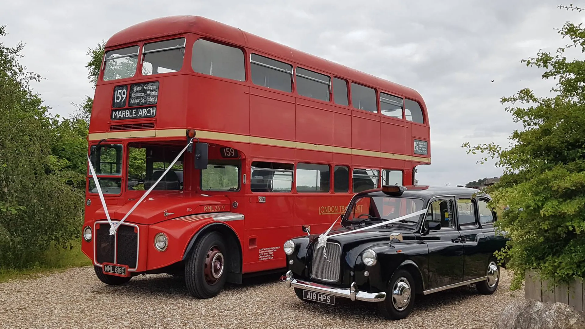 Red Routemaster bus parked next to a black taxi cab with matching pair of white wedding ribbons