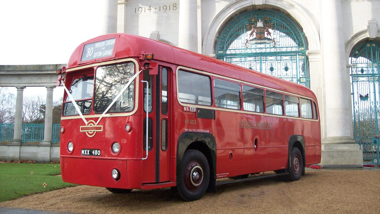 Vintage Single Decker Red Wedding Bus with front door close