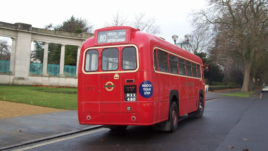 Rear view of classic single decker red bus