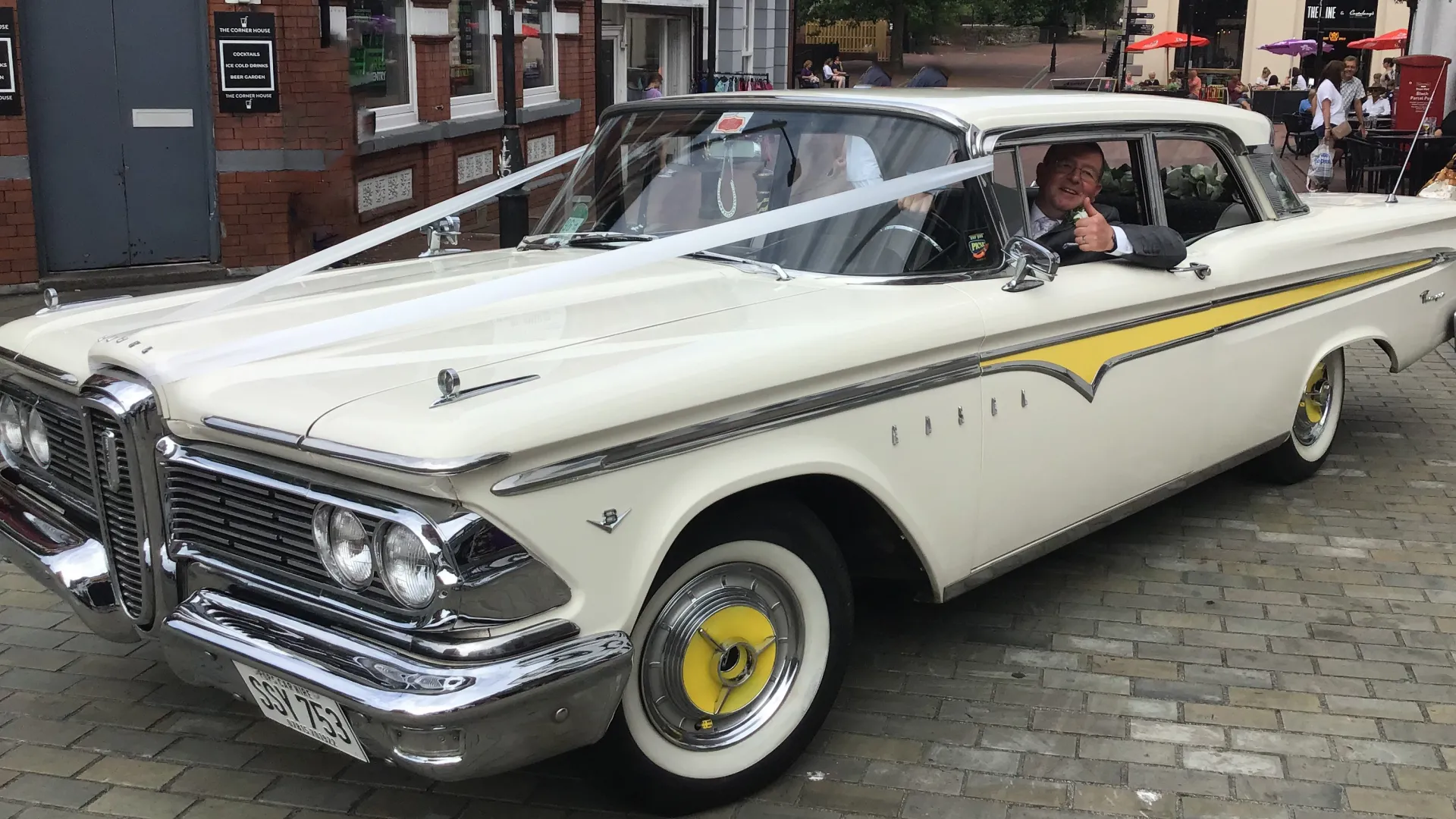 Ford Edsel decorated with white ribbons