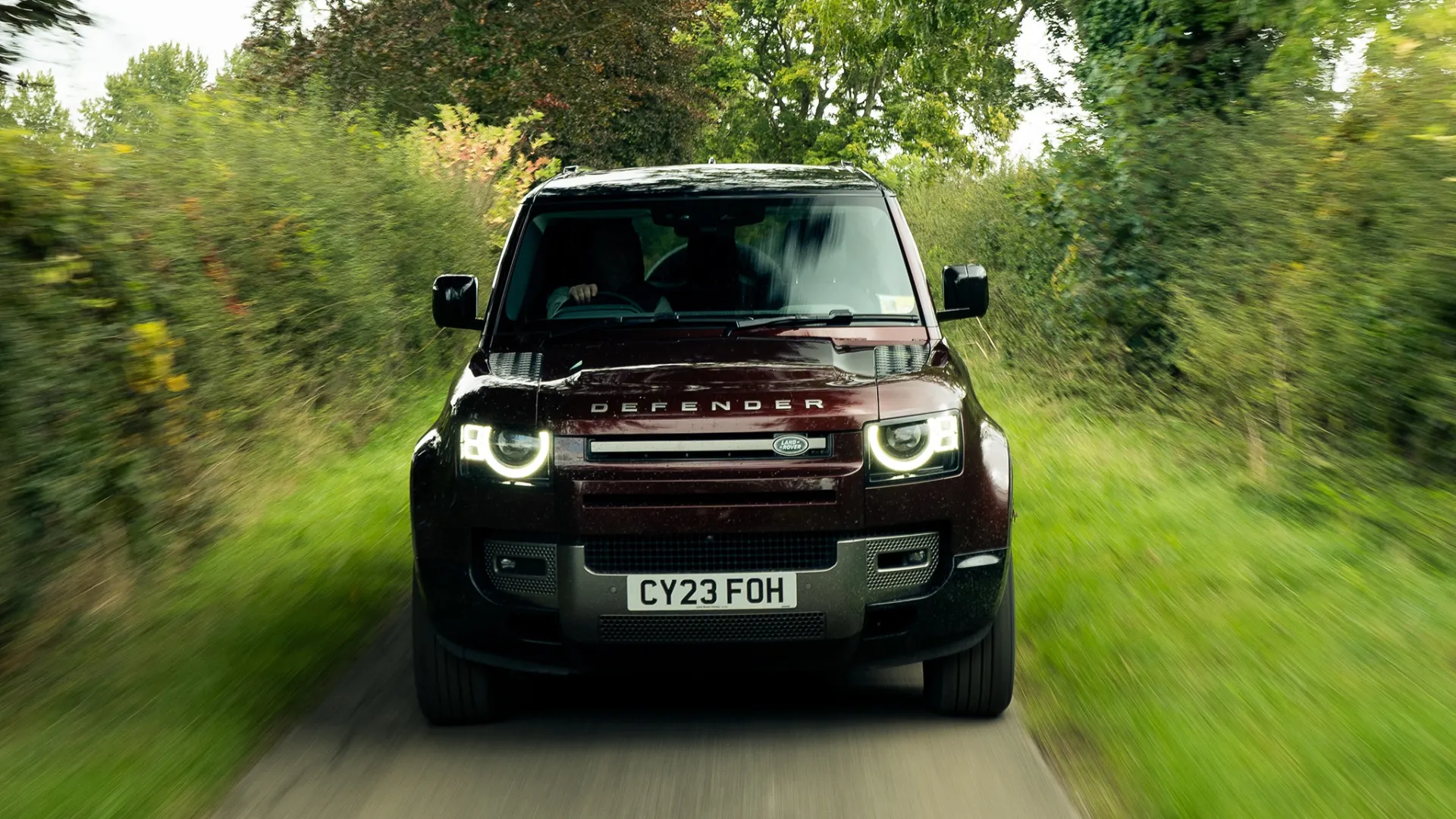 Full front view of modern Land Rover Defender