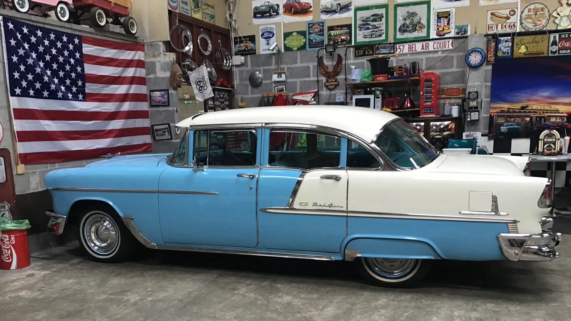 Left side view of Classic Chevrolet in Blue with White Roof and Boot