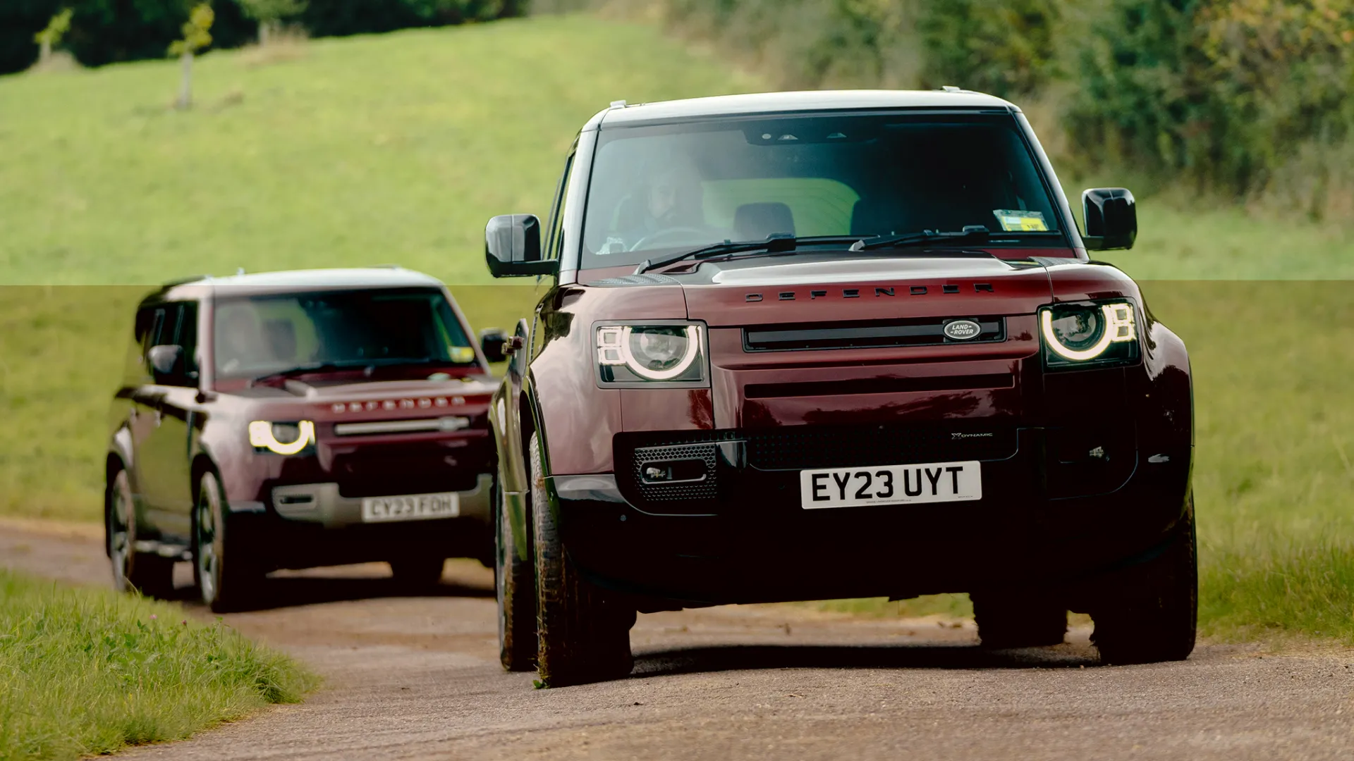 Front View of Two identical LandRover defender following each others