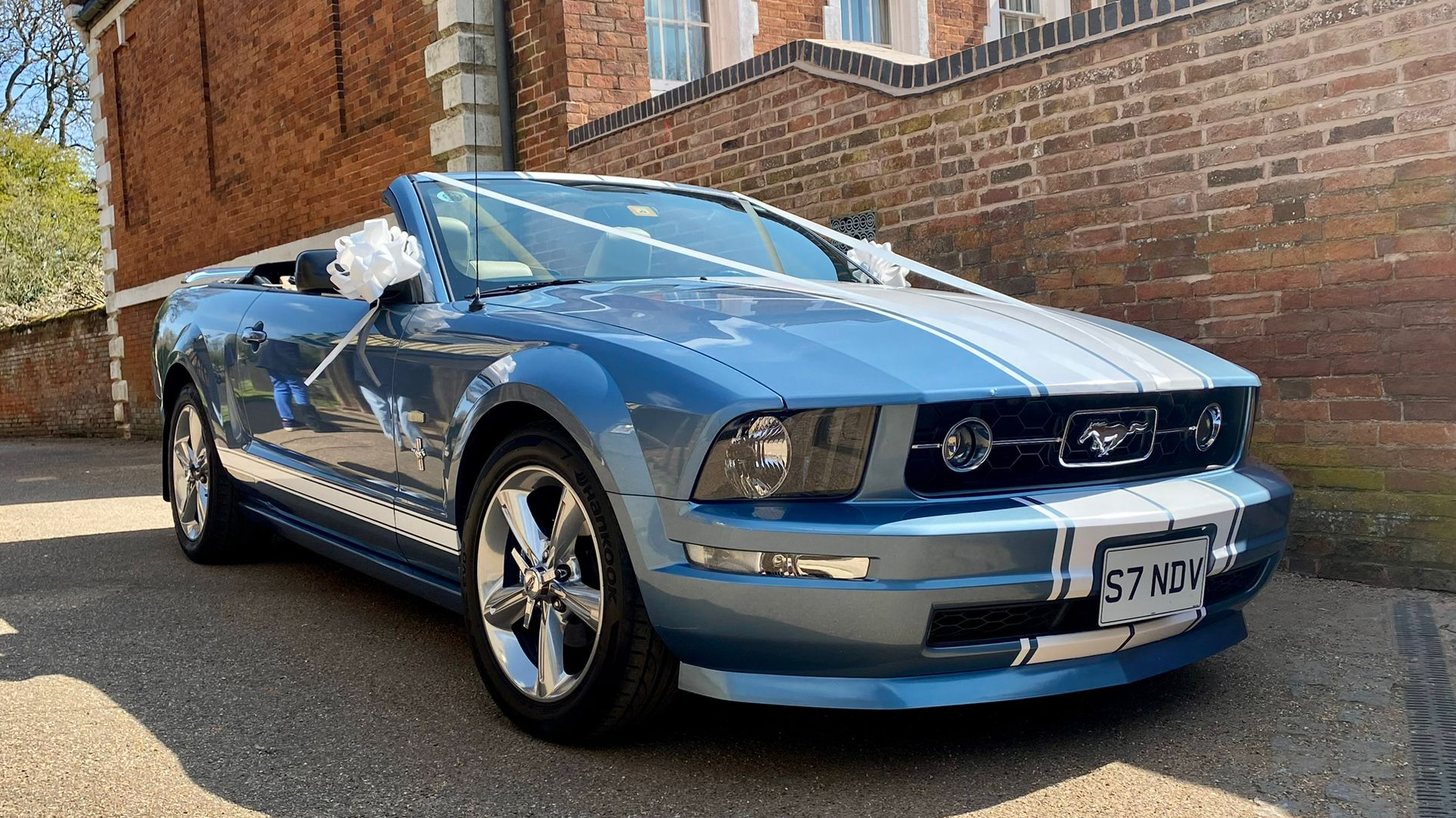 Front right side view of a Blue Ford Mustang with convertible roof open decorated with white ribbons accros its bonnet.