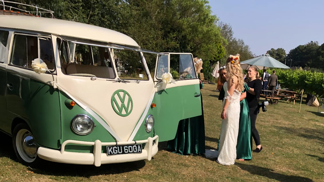 Classic Green and White VW Campervan with Bride