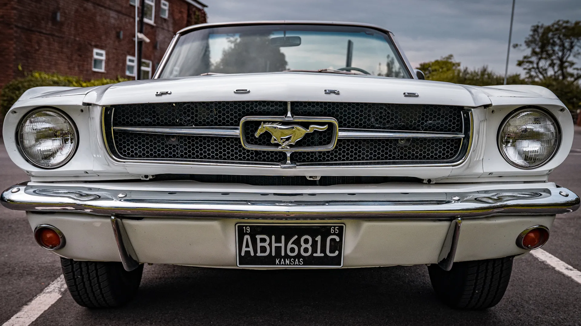 Full front view of classic ford Mustang Pony Logo in chrome on front grill