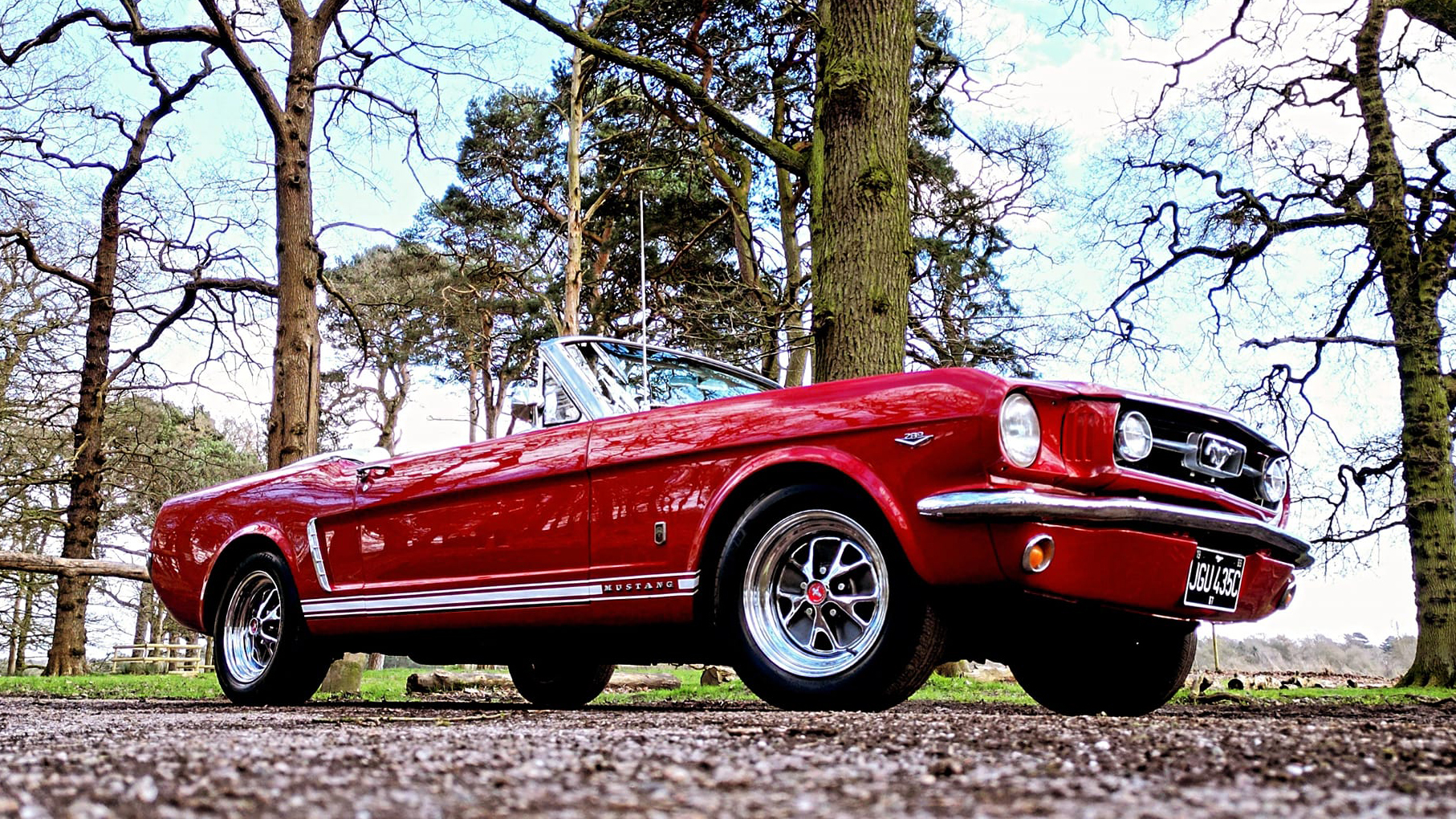 Classic red Ford Mustang with roof down