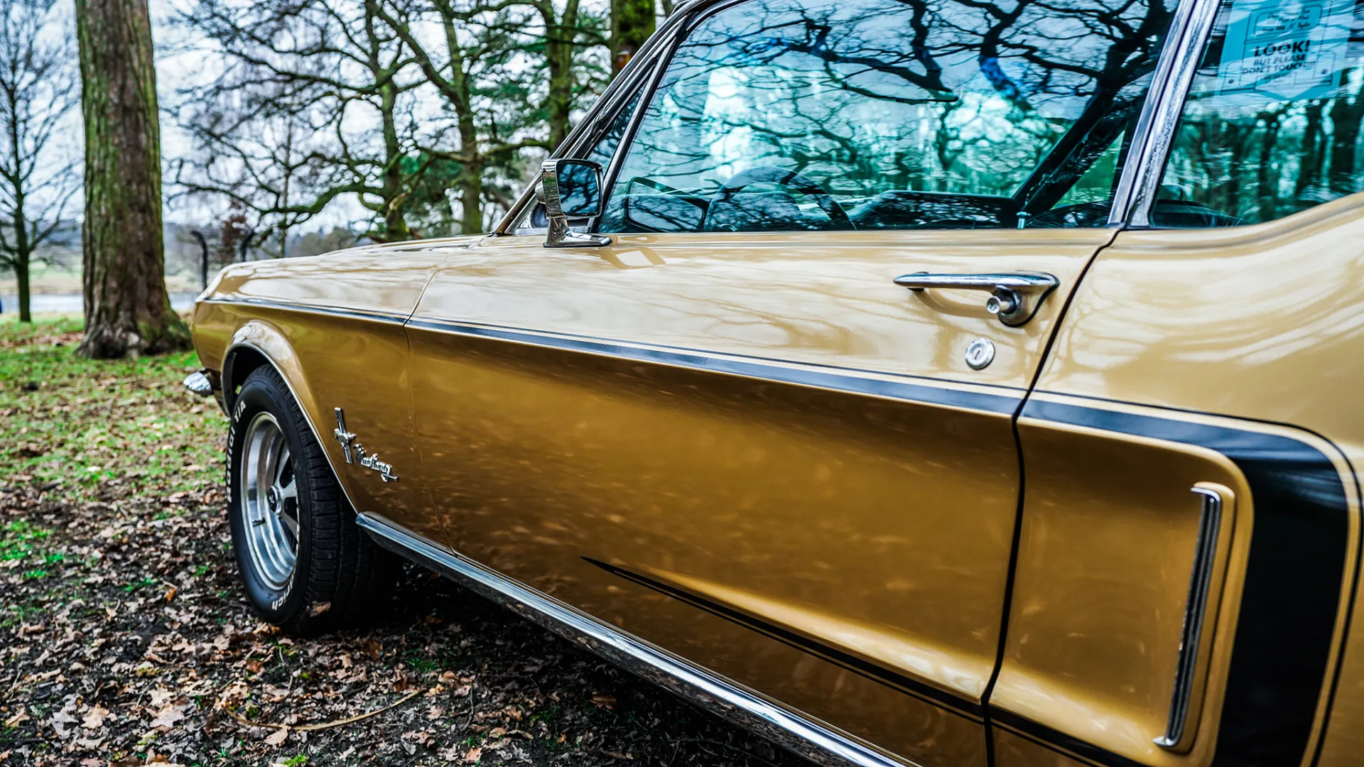 Side view classic Ford Mustang in Sunlit Gold Colour