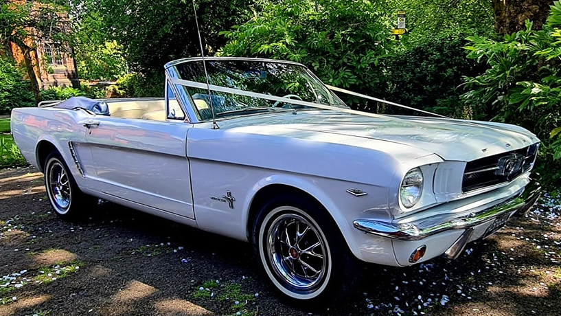 Convertible White Classic Ford Mustang with roof down decorated with white wedding ribbons