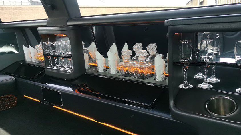 Cocktail bar area in a Stretched limousine