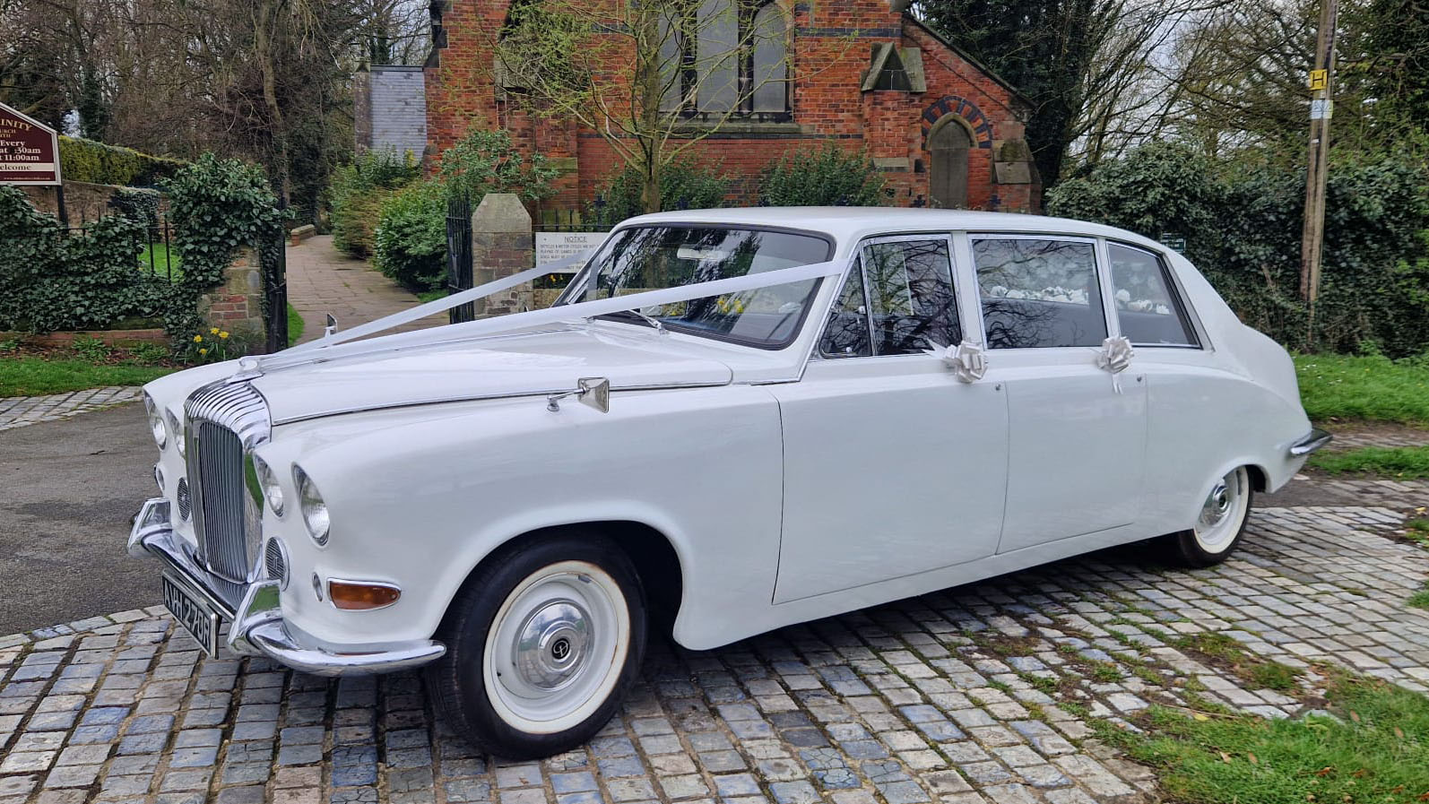 Left side view of a Classic Daimler Limousine dressed with white wedding ribbons