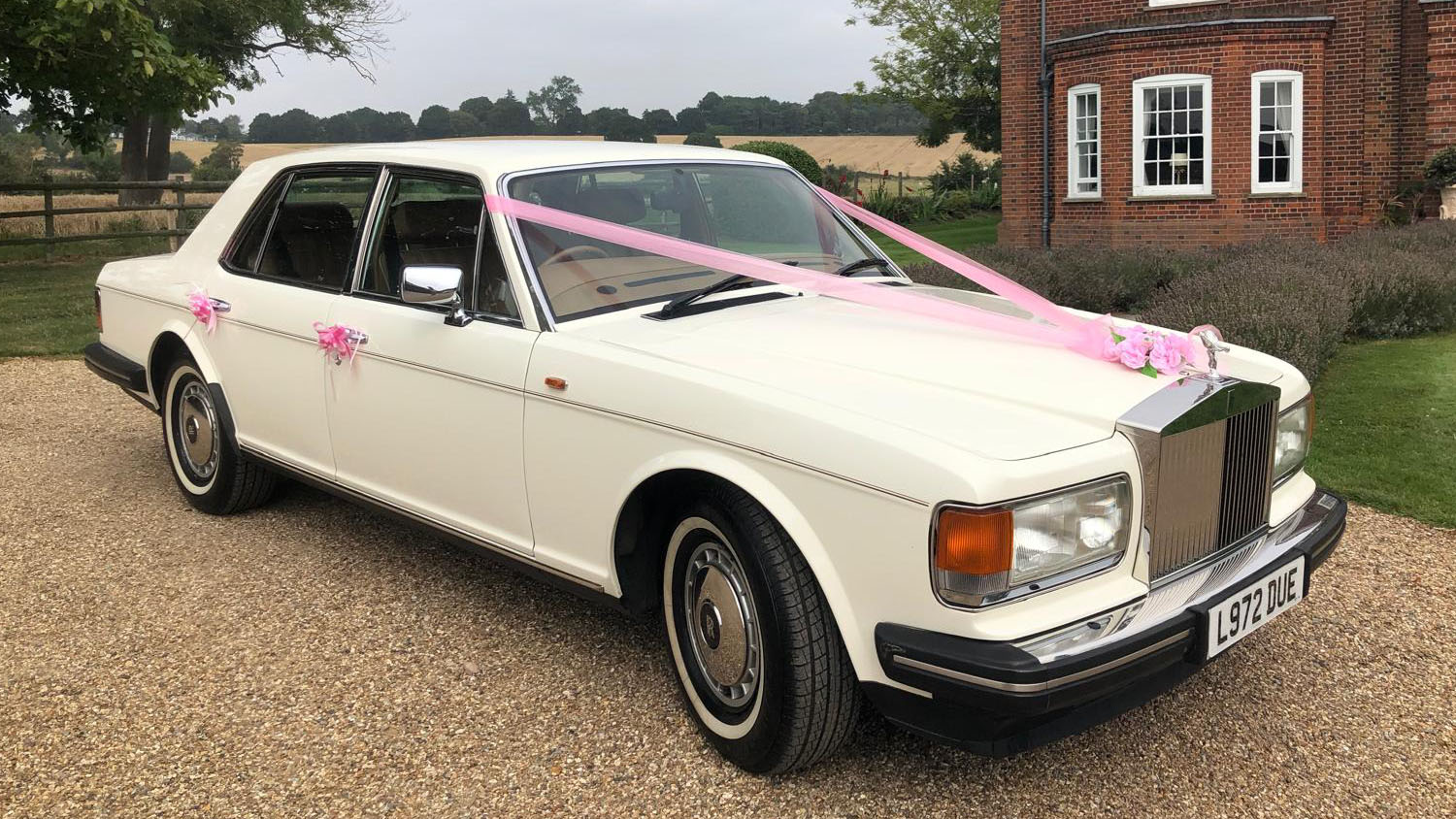 White Rolls-Royce Silver Spirit decorated with pink ribbons and bows