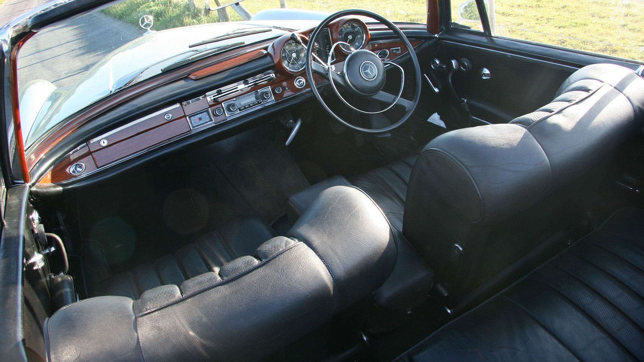 Aerial view of classic mercedes interior with black leather interior