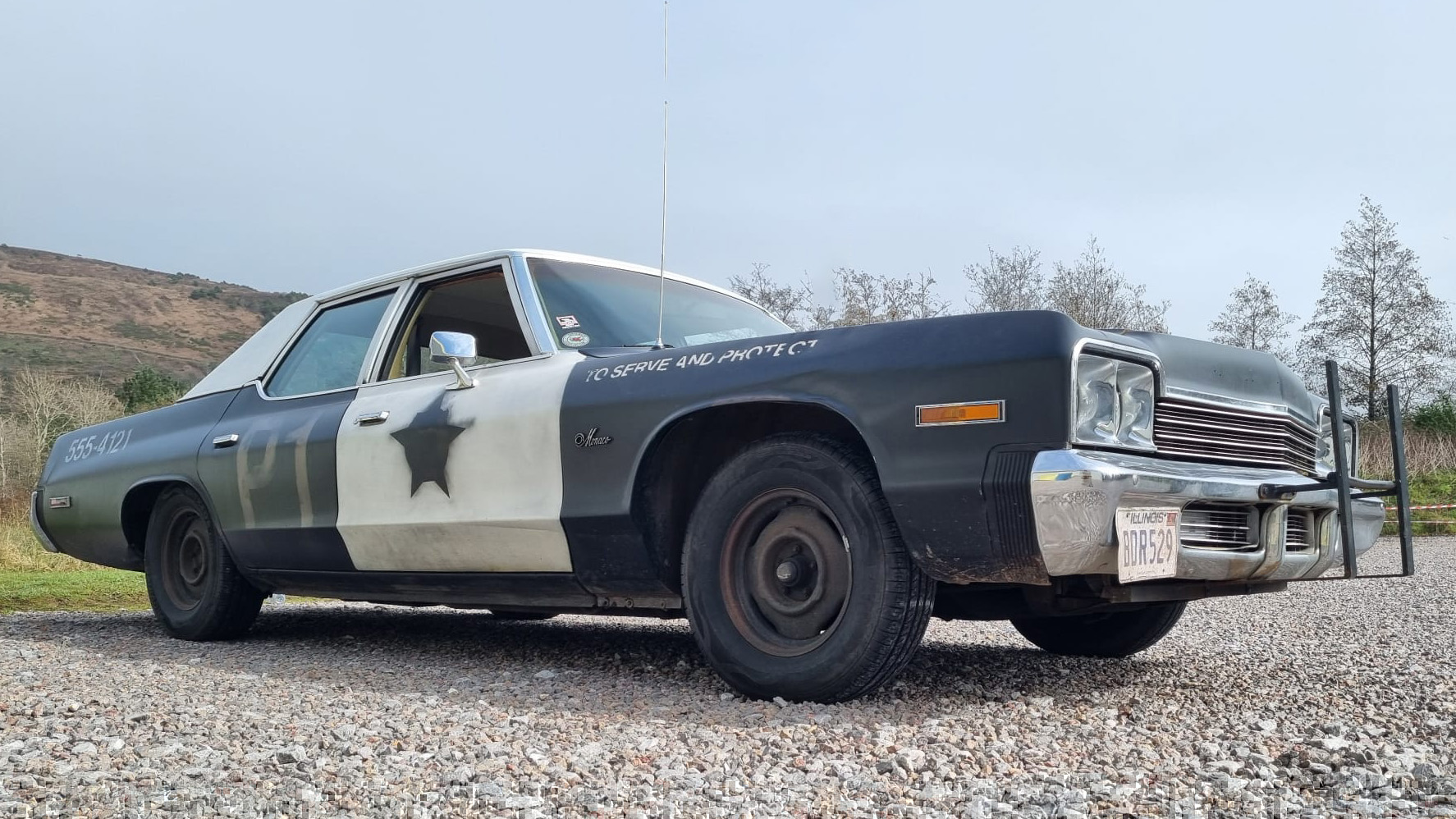 Sheriff car Bluesmobile from the Bluesbrothers movie with police car features in Black and White