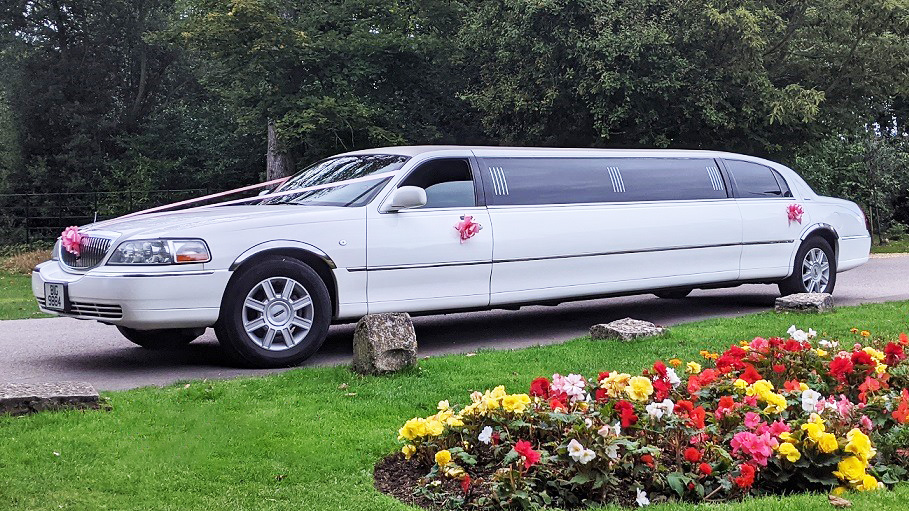 White Stretched limousine decorated with pink wedding ribbons and bows on door handles