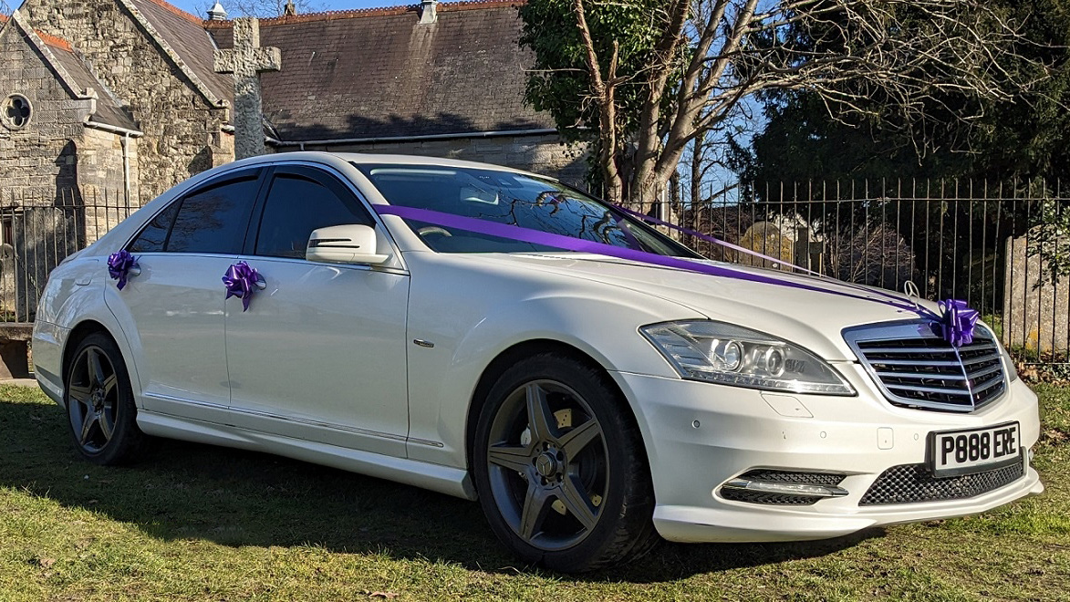 Modern White Mercedes S-class decorated with purple ribbons and bows on door handles