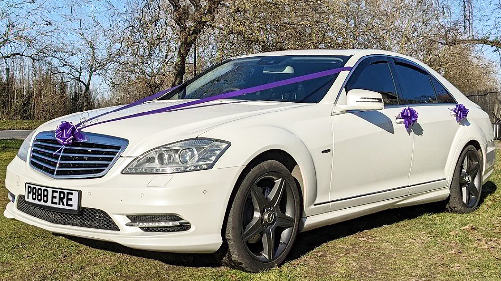 Left front view of white Mercedes S-class with purple ribbons and bows