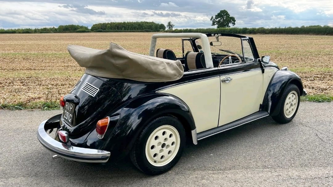 Rear view of a classic Convertible Beetle in Black & White