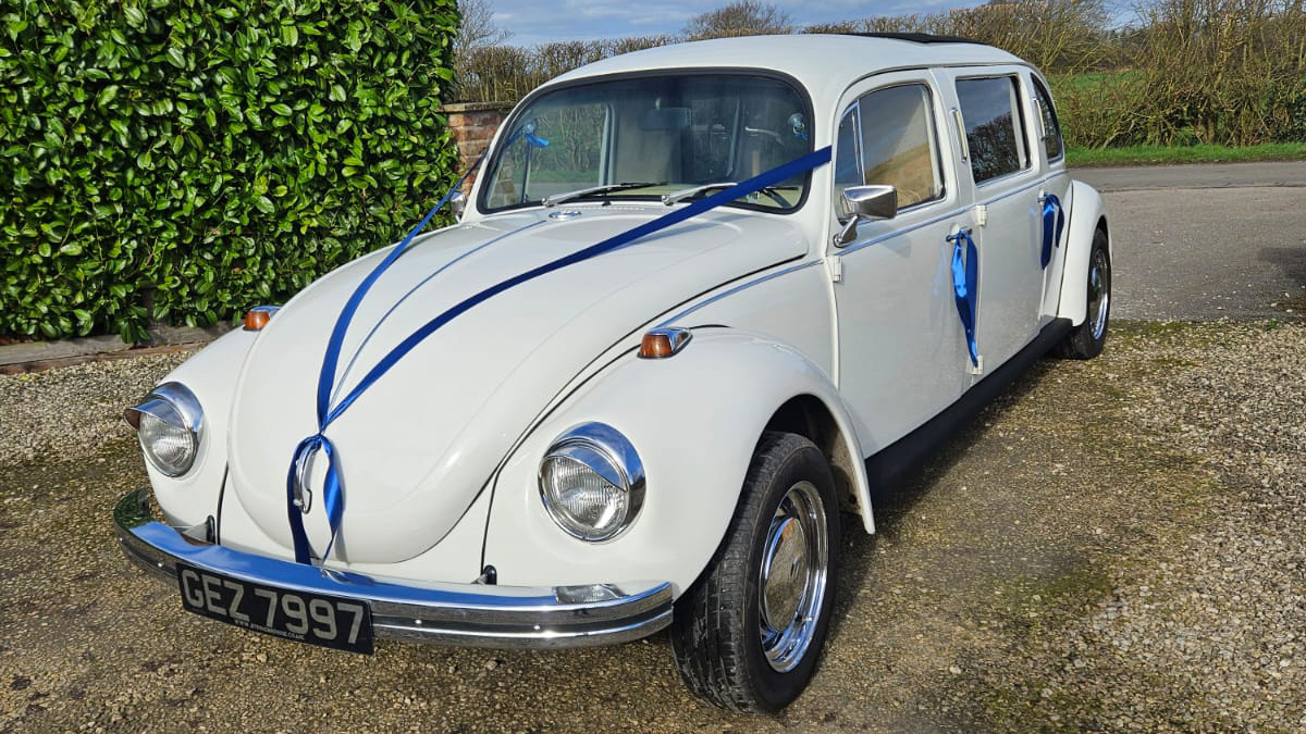 Royal Blue ribbons and Bows over a vw classic Beetle Bonnet and door handles