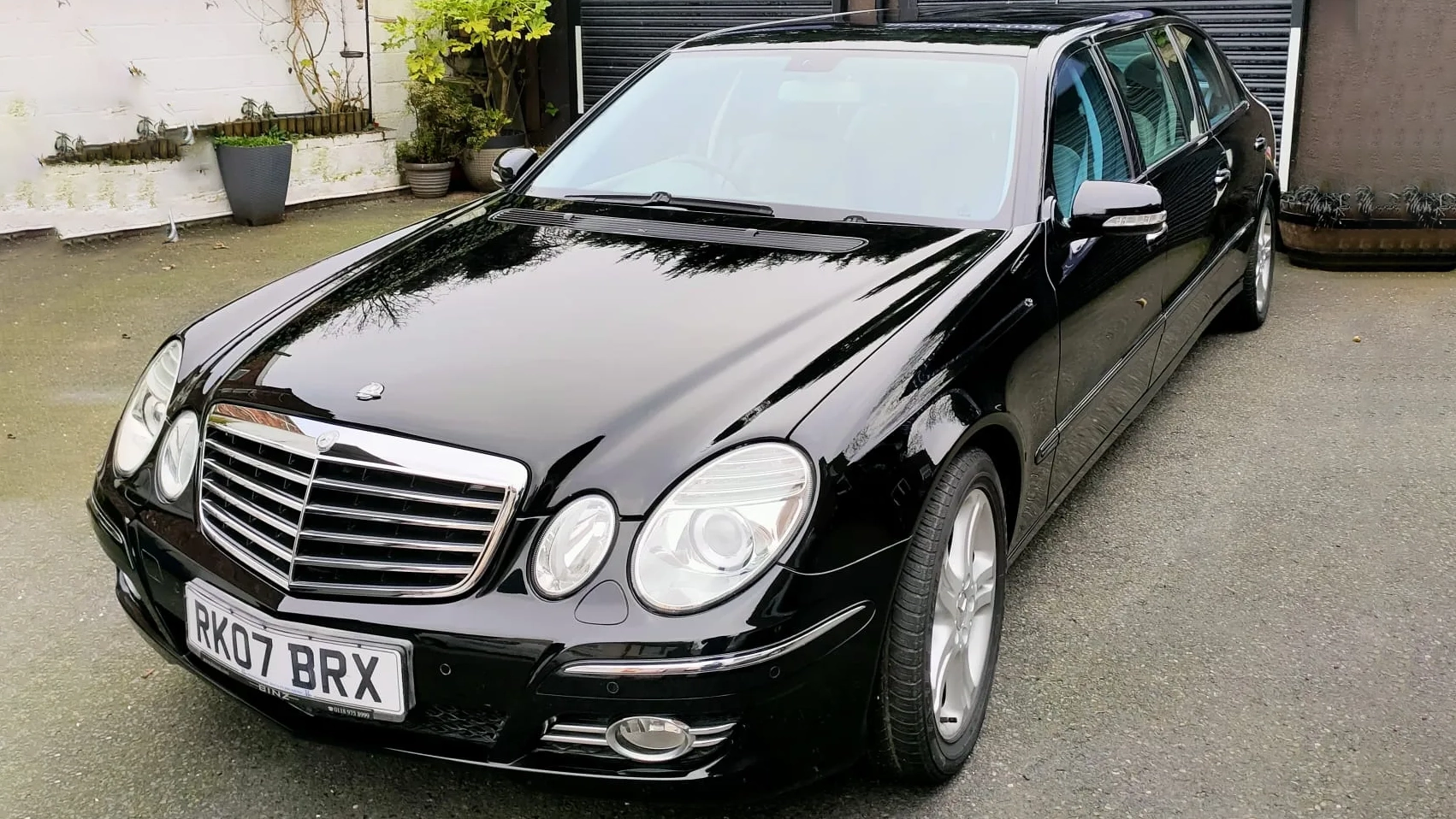 Front view of Modern Black Mercedes Stretched limousine