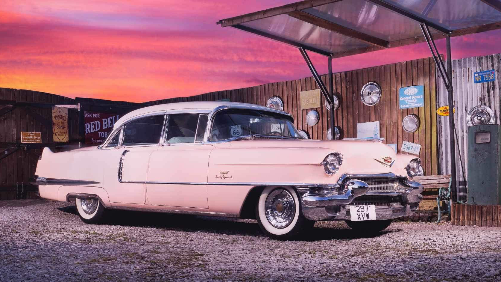 Classic Pink American Cadillac Fleetwood with pink sky