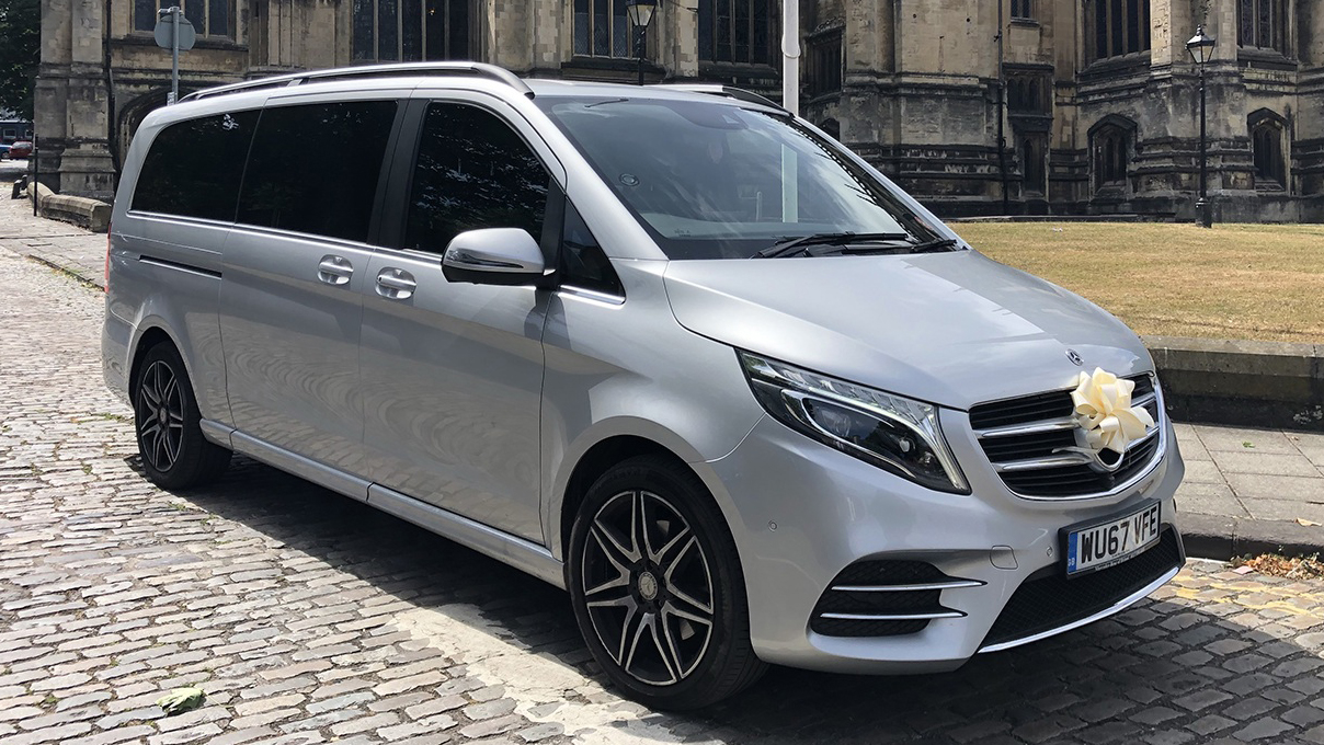 Silver Mercedes V-Class with Ivory Ribbon and Bow