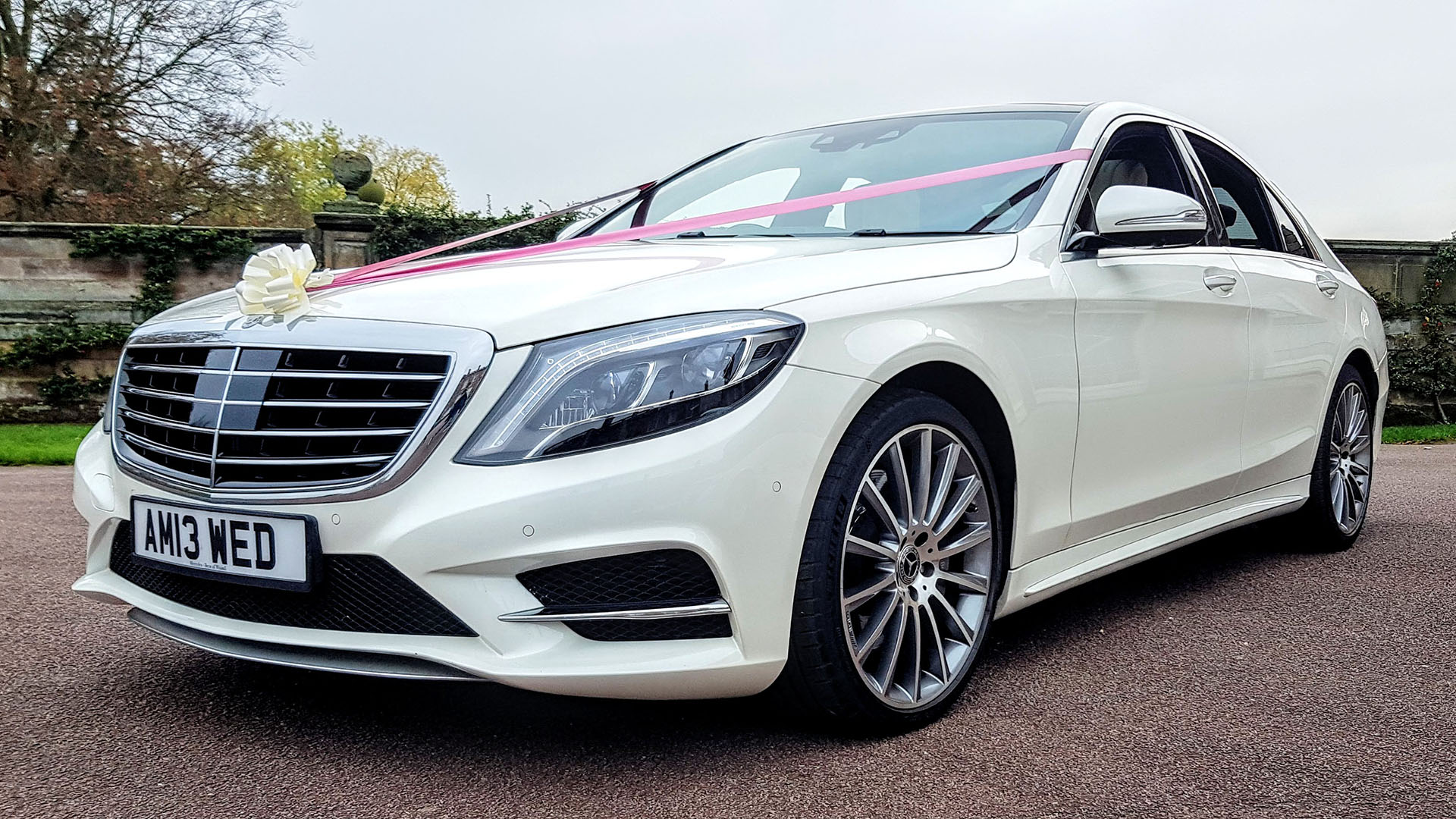 White Mercedes S-Class with pink ribbons and white bow