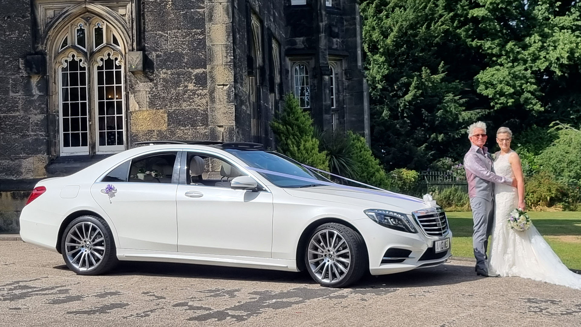 Mercedes S-class with Bride and Groom