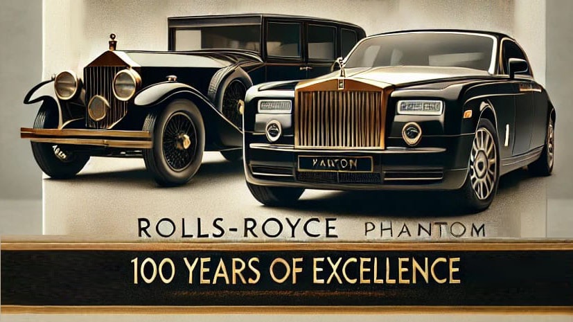 Generated Feature image with a vintage Phantom next to a recent modern model with the wording "Rolls-Royce Phantom - 100 years of Excellence"