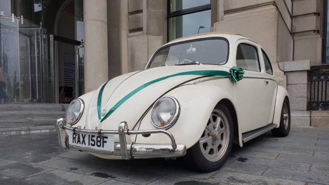 Classic Volkswagen Beetle in Ivory with green Ribbons