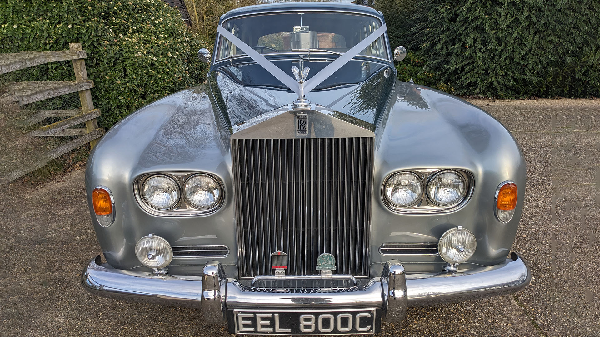 Full front view of Classic Rolls-Royce Silver Cloud dressed with wedding ribbons accross its bonnet