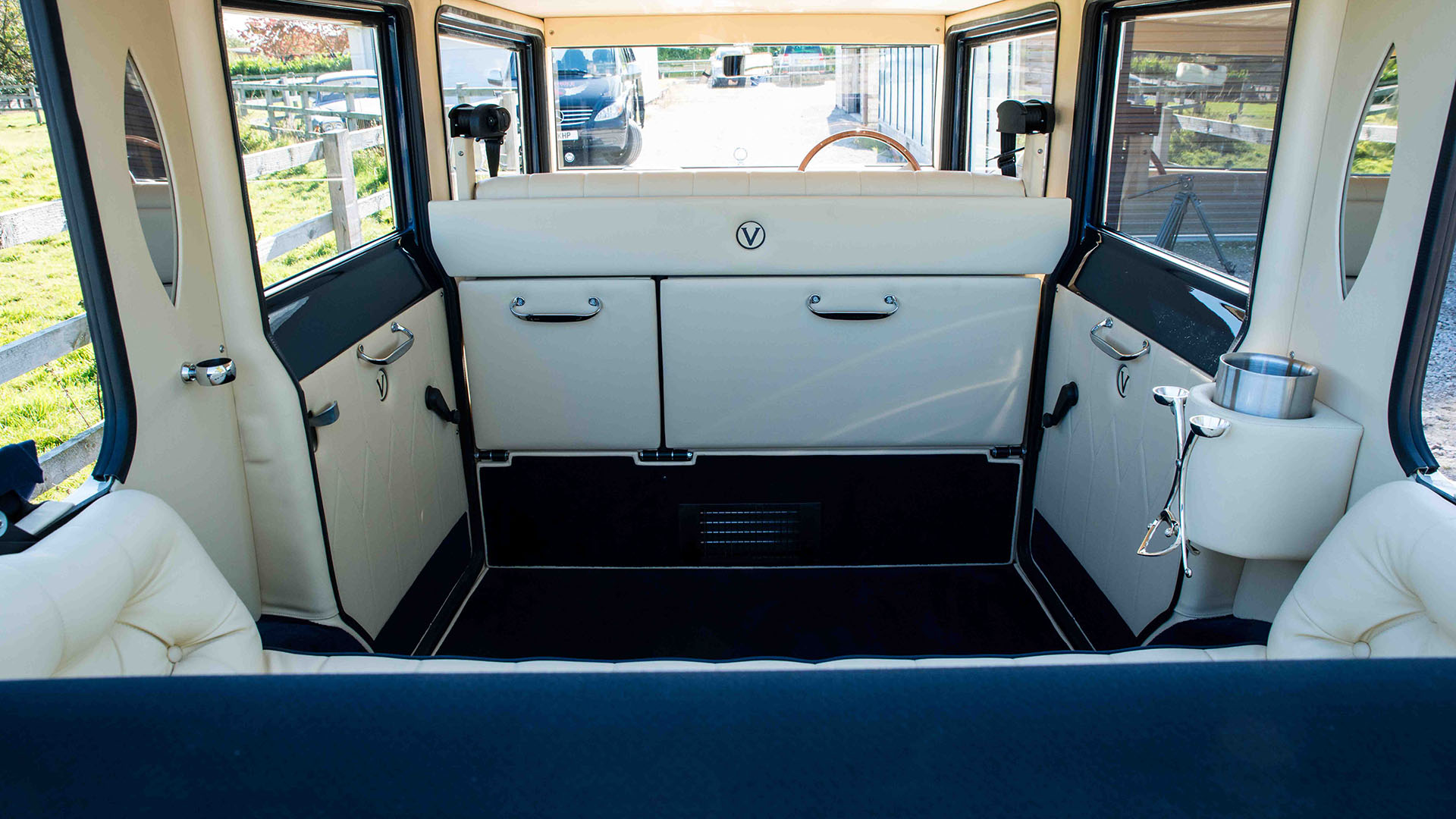 Rear interior of Imperial car through the open roof at the rear