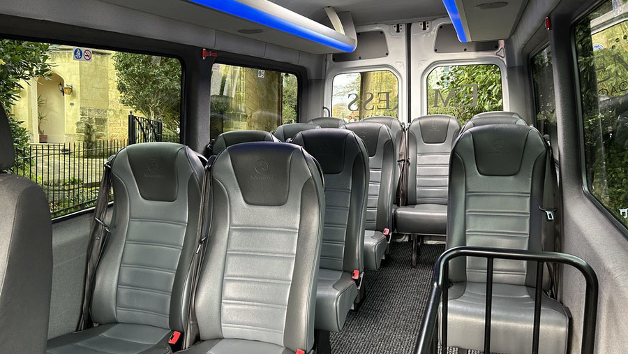 Mercedes 12 Seater Bus interior  of silver and grey seats