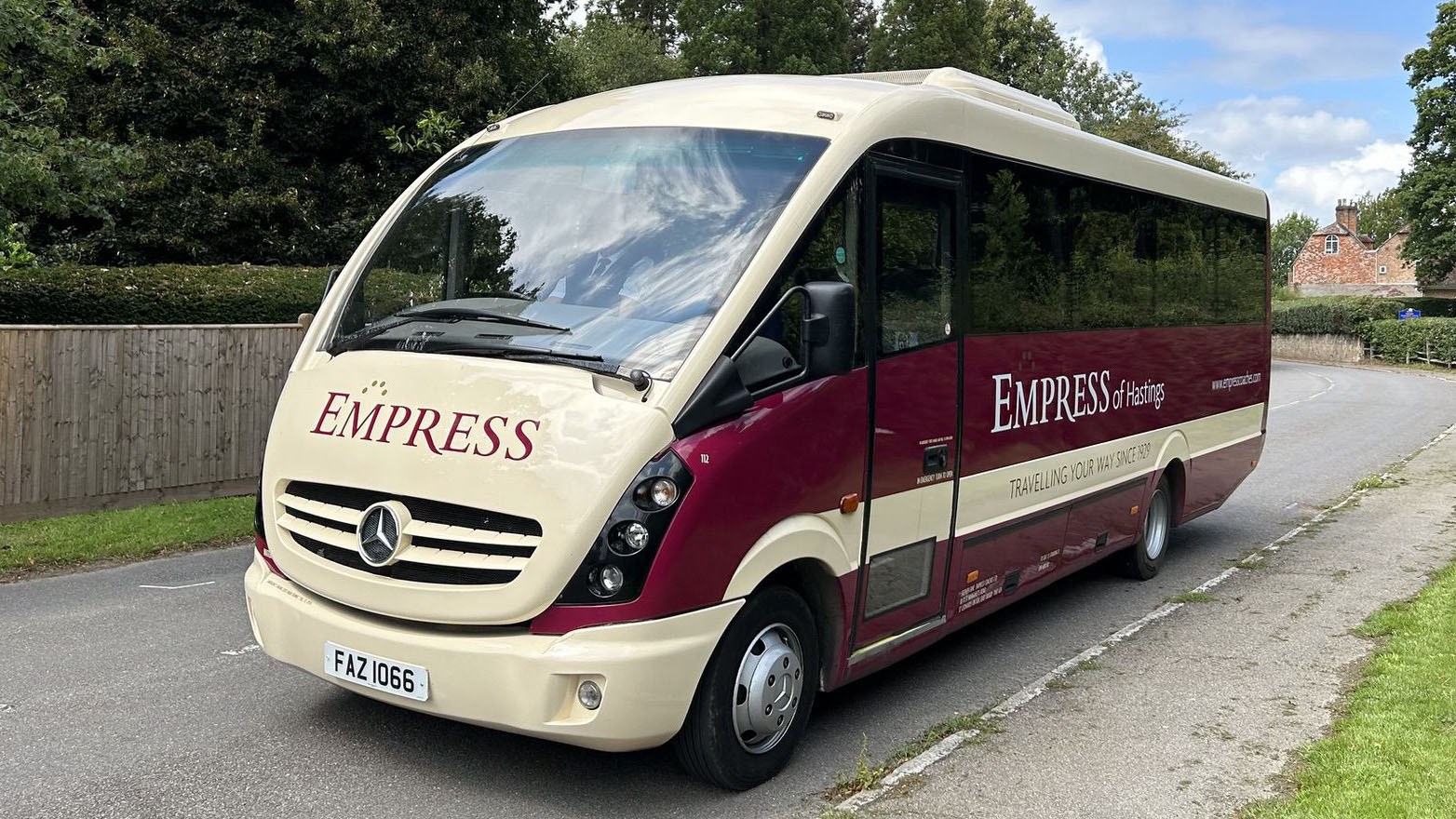 Mercedes 33 Seater Bus in Burgundy and Beige