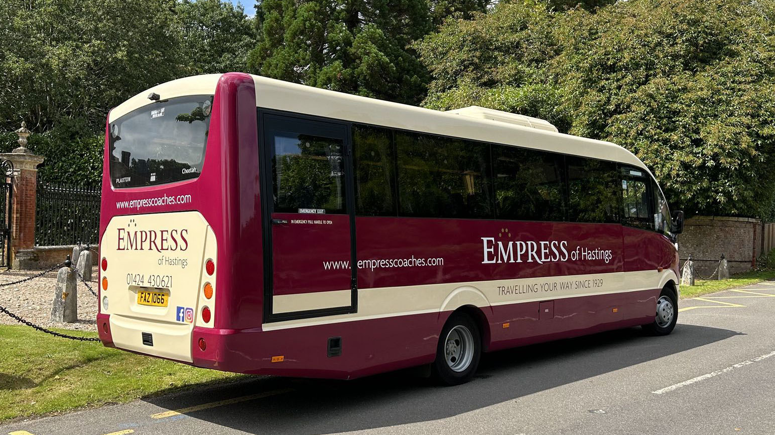 Rear view of Modern Mercedes 33-seat Coach