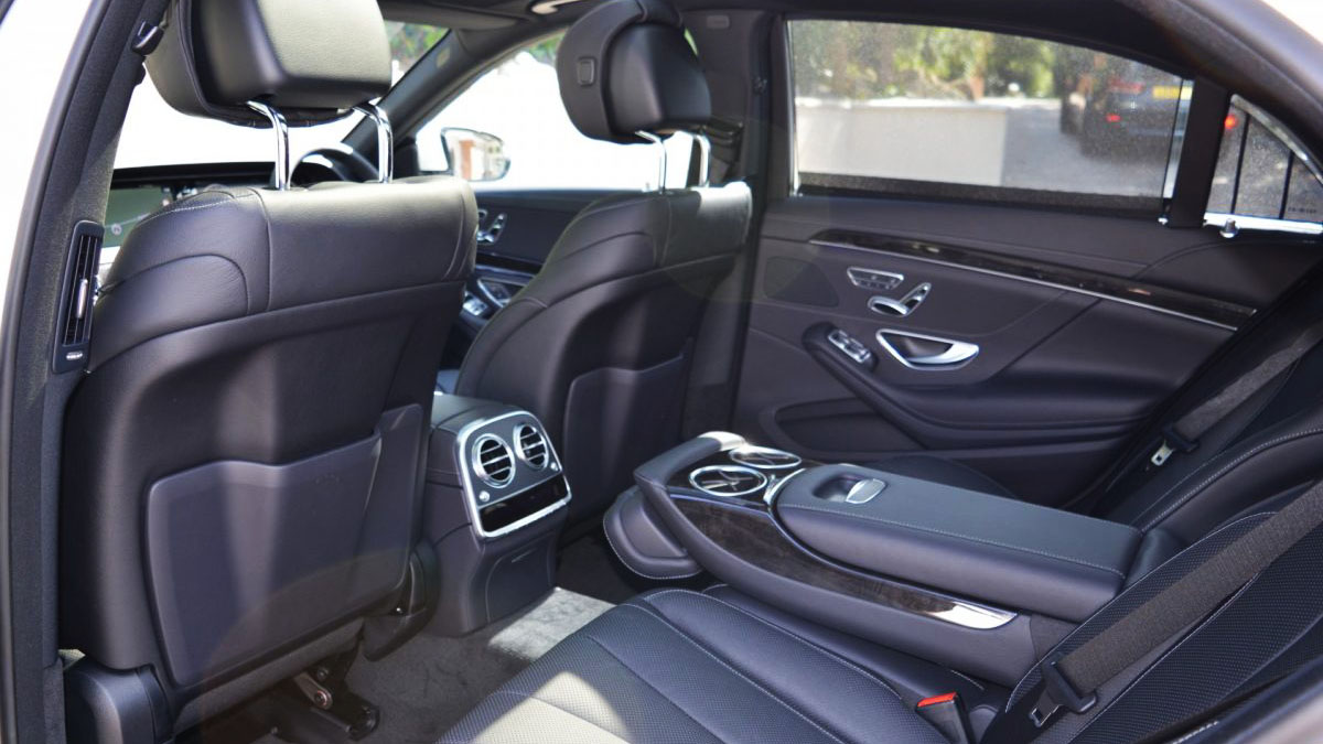 black leather rear interior seat inside Mercedes S-Clas