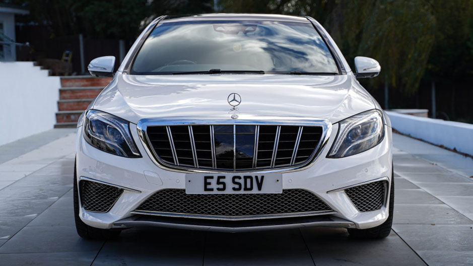 Full front view of white Mercedes S-class