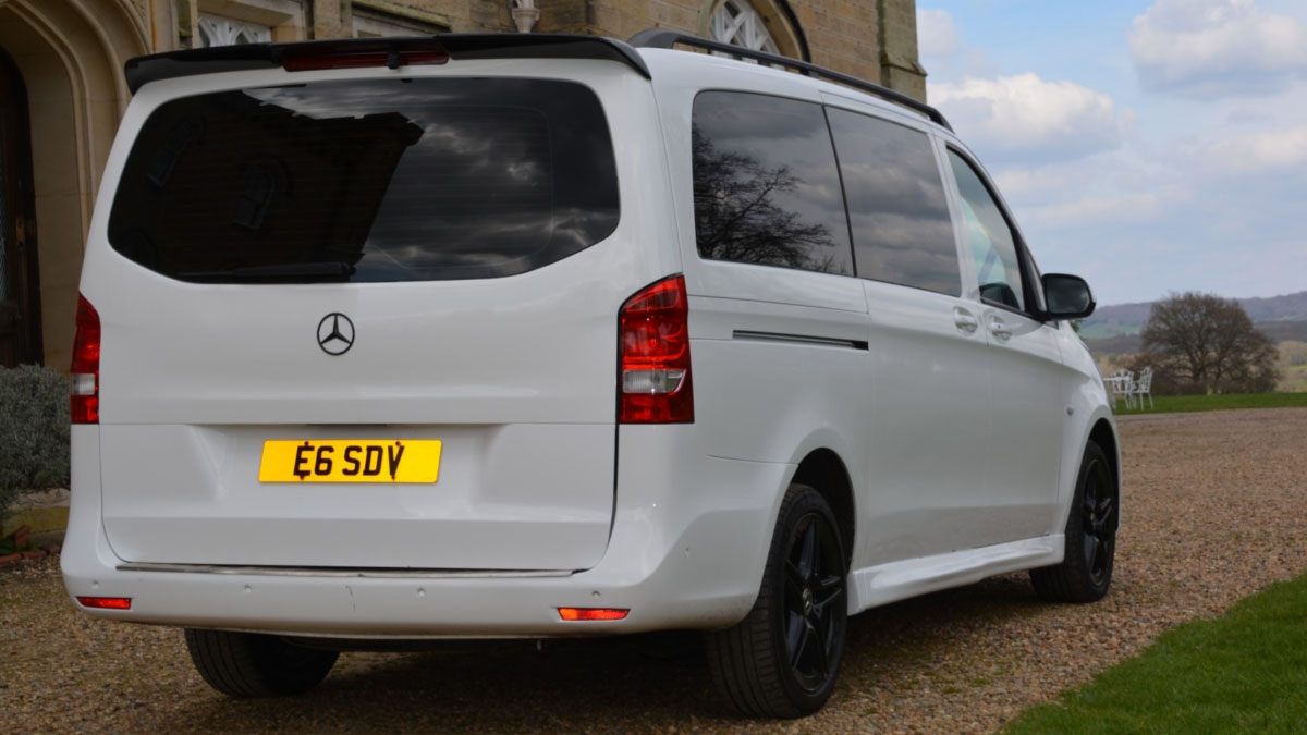 Rear view of white Mercedes V-class